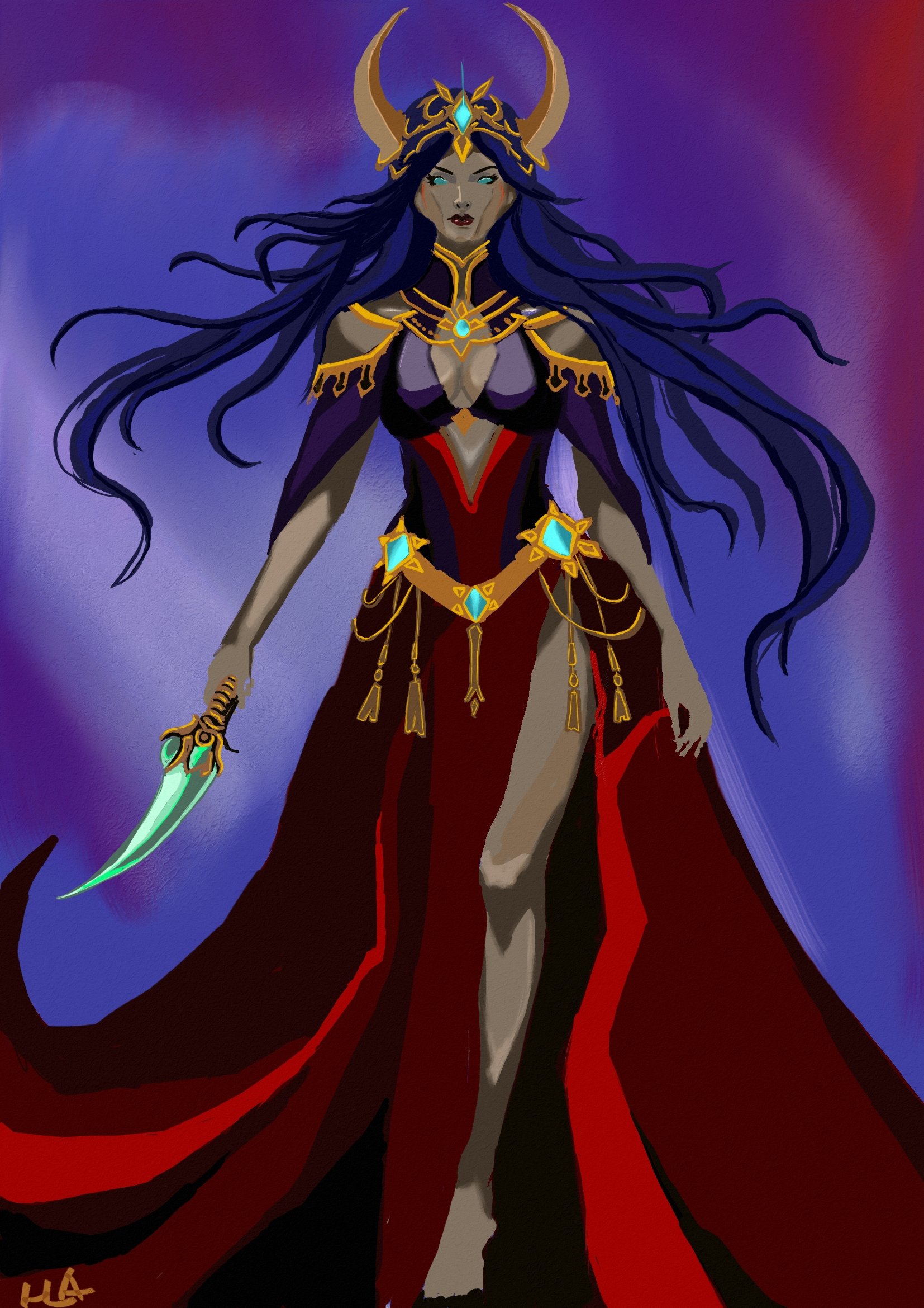 Digital illustration of a dark sorceress with long blue hair, golden horned crown, wearing a revealing black and red dress with blue gemstones, holding a glowing green dagger, against a dark purple background.