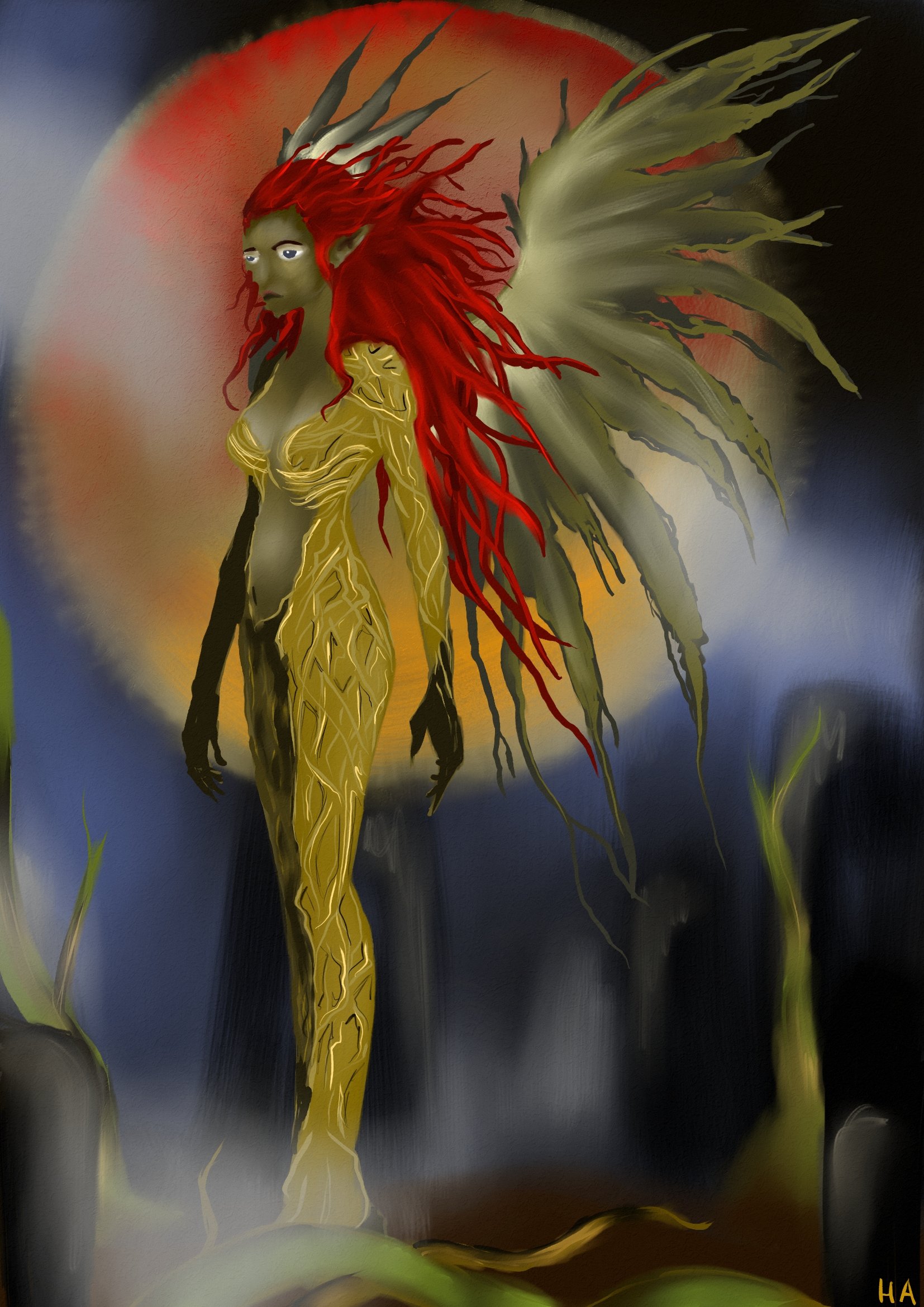 A fantasy-style character with green skin, red hair, and elongated ears, standing against a background of a large, reddish-orange moon. The character has green wings with leaf-like shapes and is dressed in gold and black clothing.