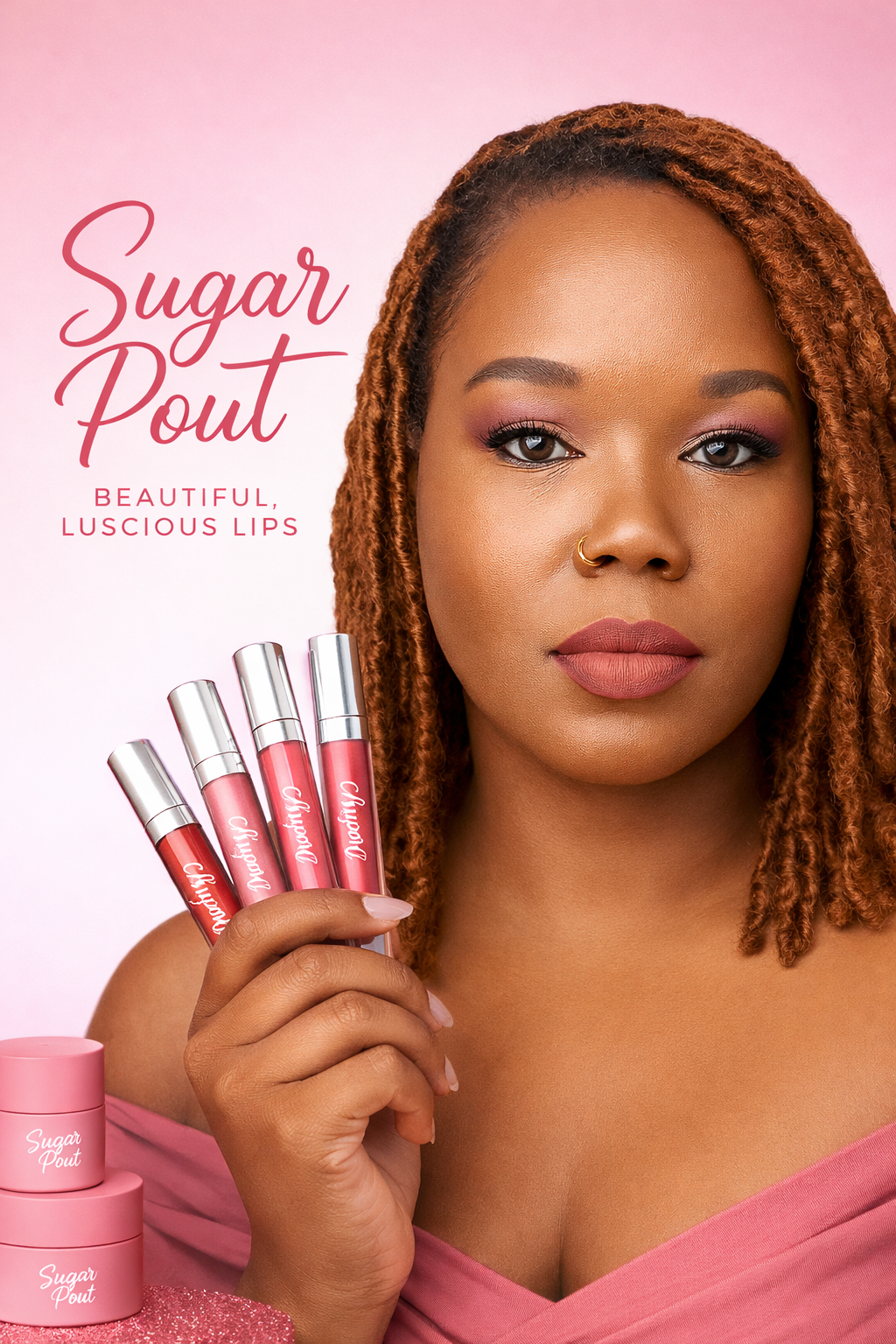 A woman with curly reddish-brown hair holding four pink lip gloss tubes, with a pink background and text that reads 'Sugar Pout, Beautiful, Luscious Lips'.