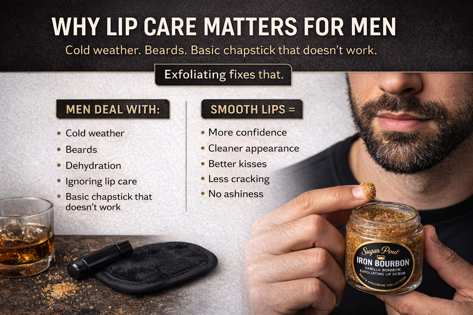 An infographic titled 'Why Lip Care Matters for Men,' discussing cold weather, beards, and basic chapstick. It states that exfoliating lip scrub improves confidence, appearance, kisses, cracking, and prevents ashy lips. The image shows a man holding a jar of sugar lip scrub near his lips, a glass of whiskey, and grooming tools on a dark surface.