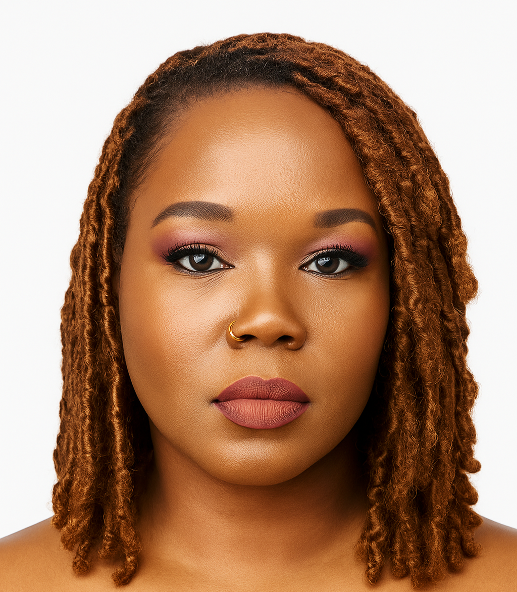 Close-up of a woman with brown, shoulder-length dreadlocks, wearing makeup, a gold nose ring, and looking directly at the camera against a white background.