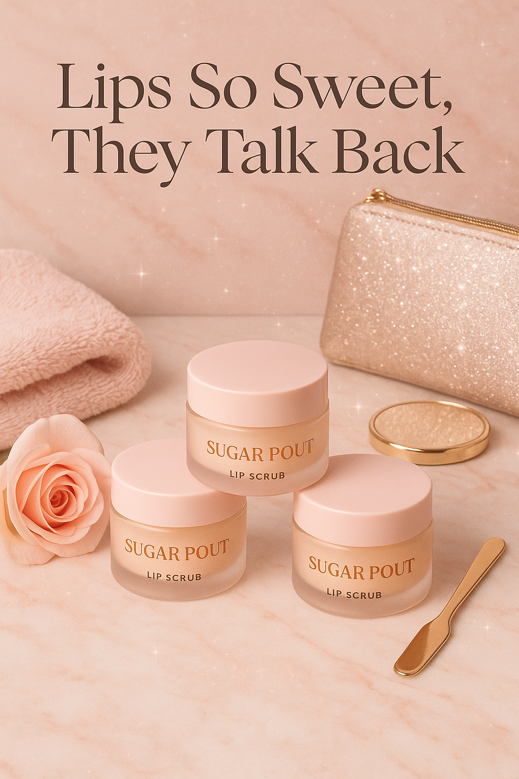 Pink containers of Sugar Pout lip scrub with a pink rose, a glittery gold clutch, a gold compact, a pink towel, and a gold spatula on a pink marble background.