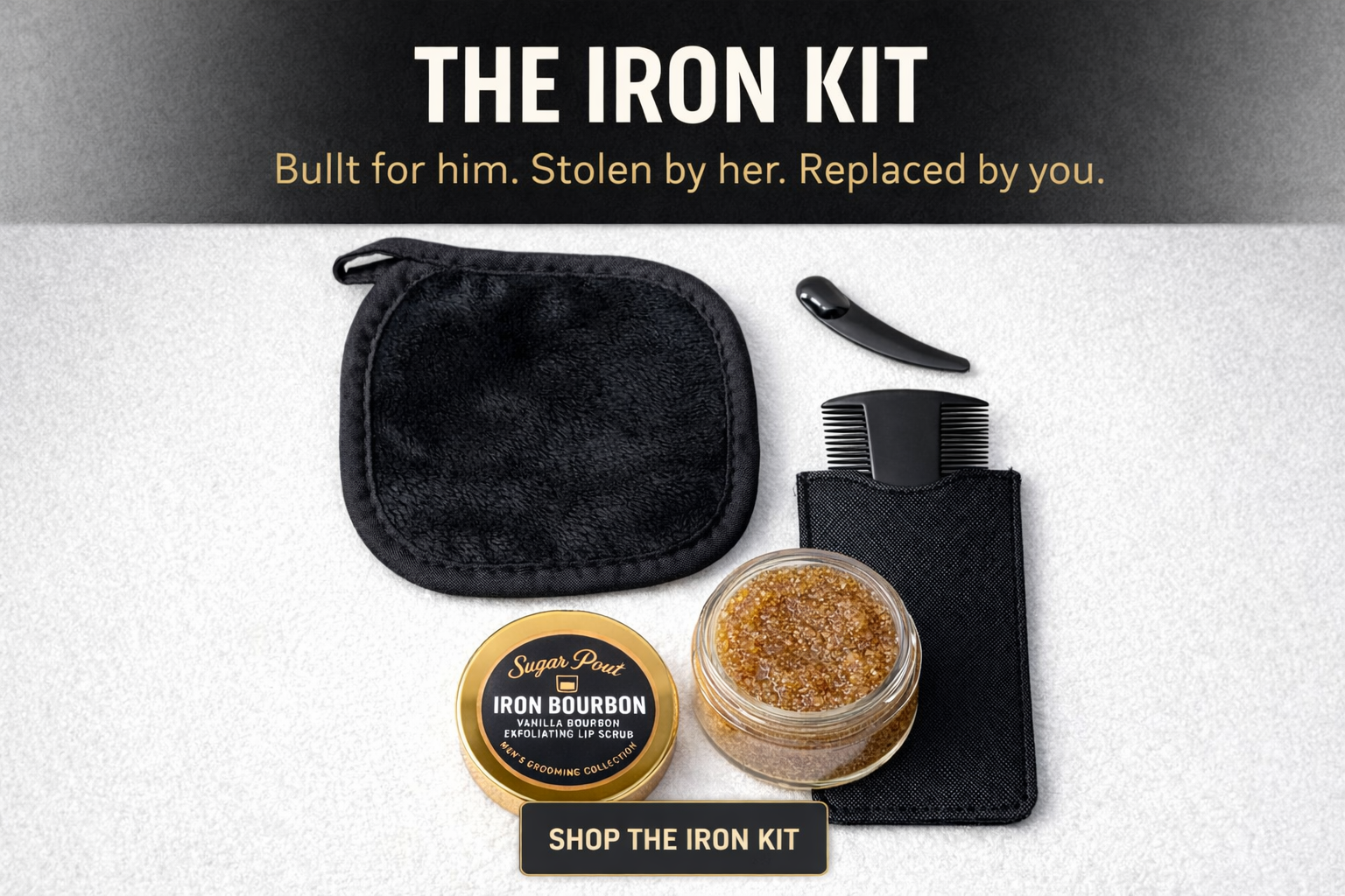 An iron kit with a black pouch, a black lint remover, a container of vanilla bourbon exfoliating lip scrub, and a black comb in a pants pocket case, displayed on a white surface with promotional text.