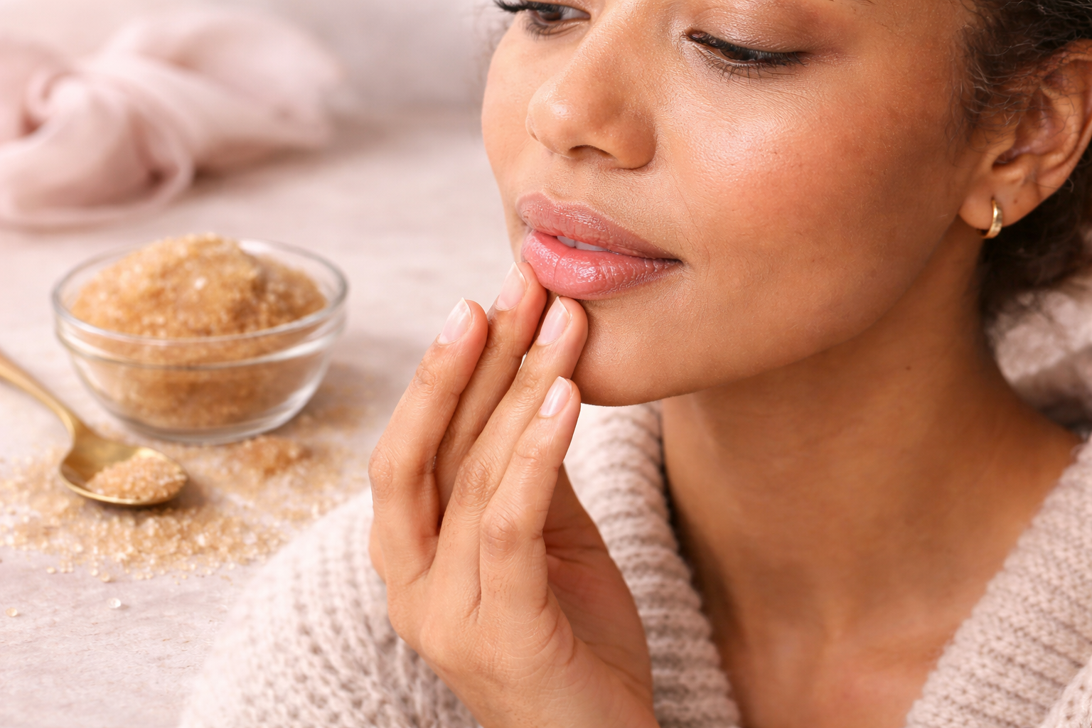A woman with smooth skin touching her lips with one finger, there is a bowl of brown sugar and some spilled on the surface nearby, suggesting a skincare or beauty theme.