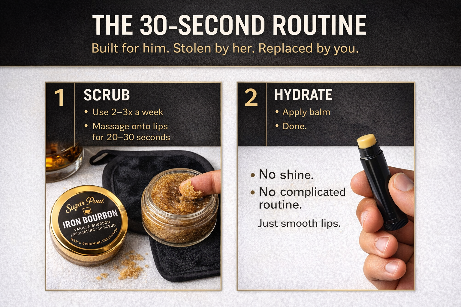 A two-step skincare routine for lips, titled 'The 30-Second Routine'. Step 1 shows a jar of sugar scrub labeled 'Iron Bourbon Vanilla Bourbon Exfoliating Lip Scrub', with a hand dipping a finger into it. Step 2 shows a hand holding a lip balm stick, with instructions to apply balm and done. The routine details are 'Use 2-3x a week' and 'Massage onto lips for 20-30 seconds' for scrubbing, and 'Apply balm' and 'Done' for hydrating, with tips 'No shine', 'No complicated routine', and 'Just smooth lips'.