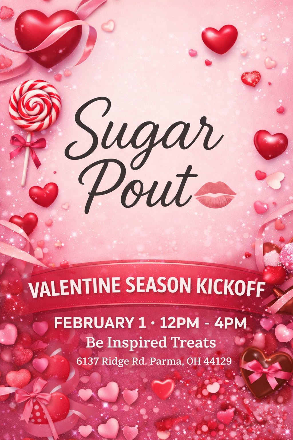 Valentine-themed poster for Sugar Pout, a Valentine's Day event. Features pink background, red and pink hearts, candy, ribbons, and kiss mark graphics. Details include date, time, location, and a slogan 'Be Inspired Treats.'