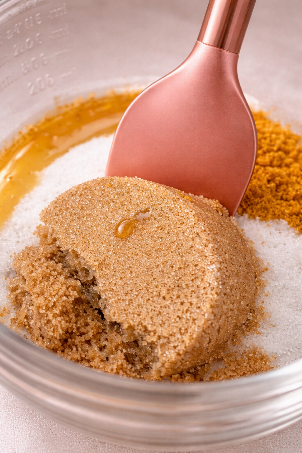 Close-up of a brown sugar scoop in a measuring bowl with brown sugar, white sugar, and a rose gold spatula.
