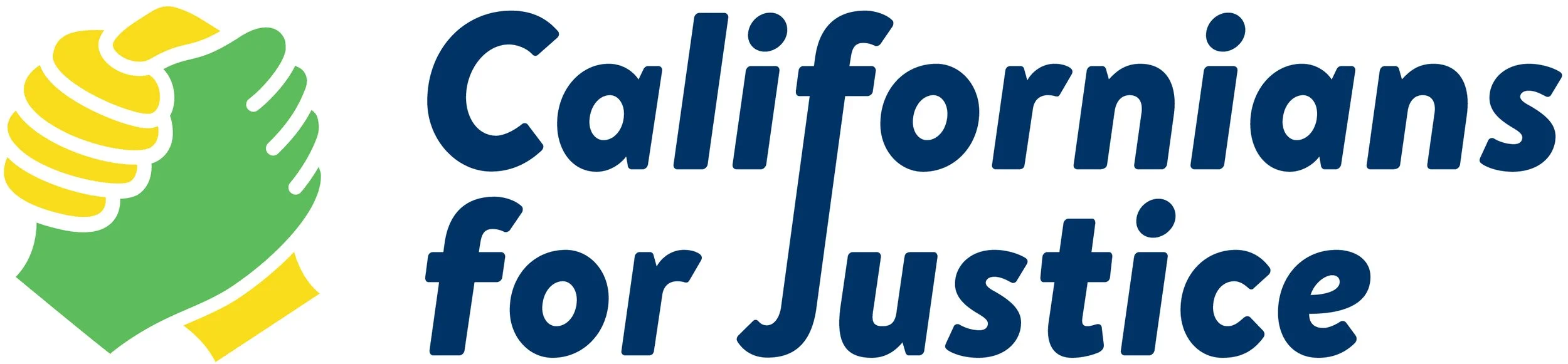 Logo of Californians for Justice with a green hand holding a yellow and white striped item and the organization's name in bold blue text.