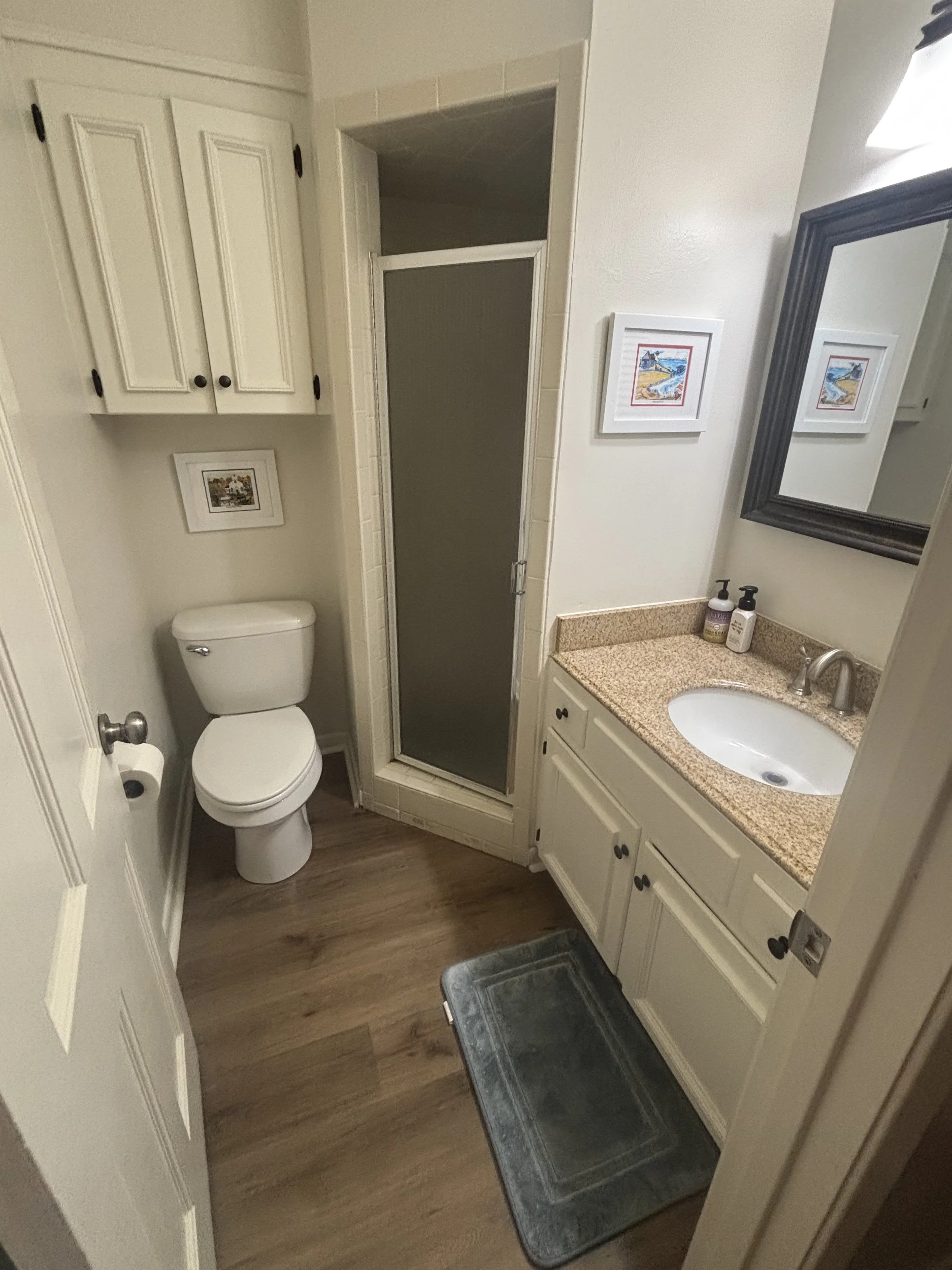 A small bathroom with a white toilet, beige cabinets, a granite countertop with a white sink, two framed pictures on the wall, a mirror, and a glass shower enclosure.
