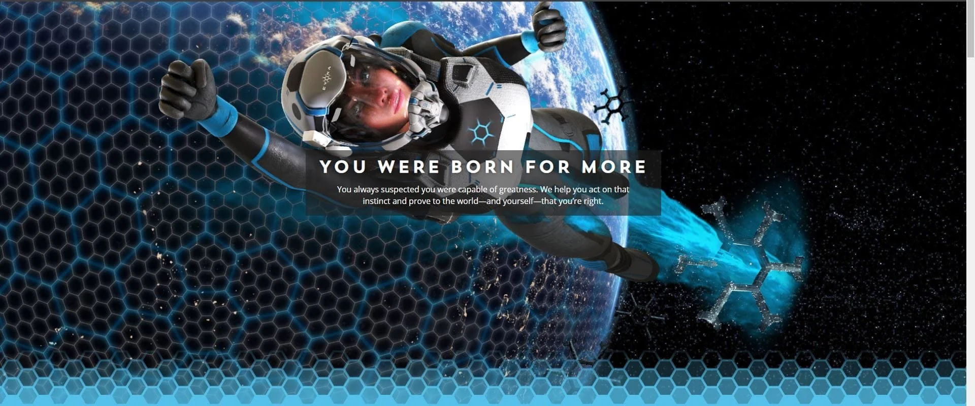 A person in a space suit floating in space with Earth in the background and a hexagonal pattern overlay, promoting greatness and self-belief.