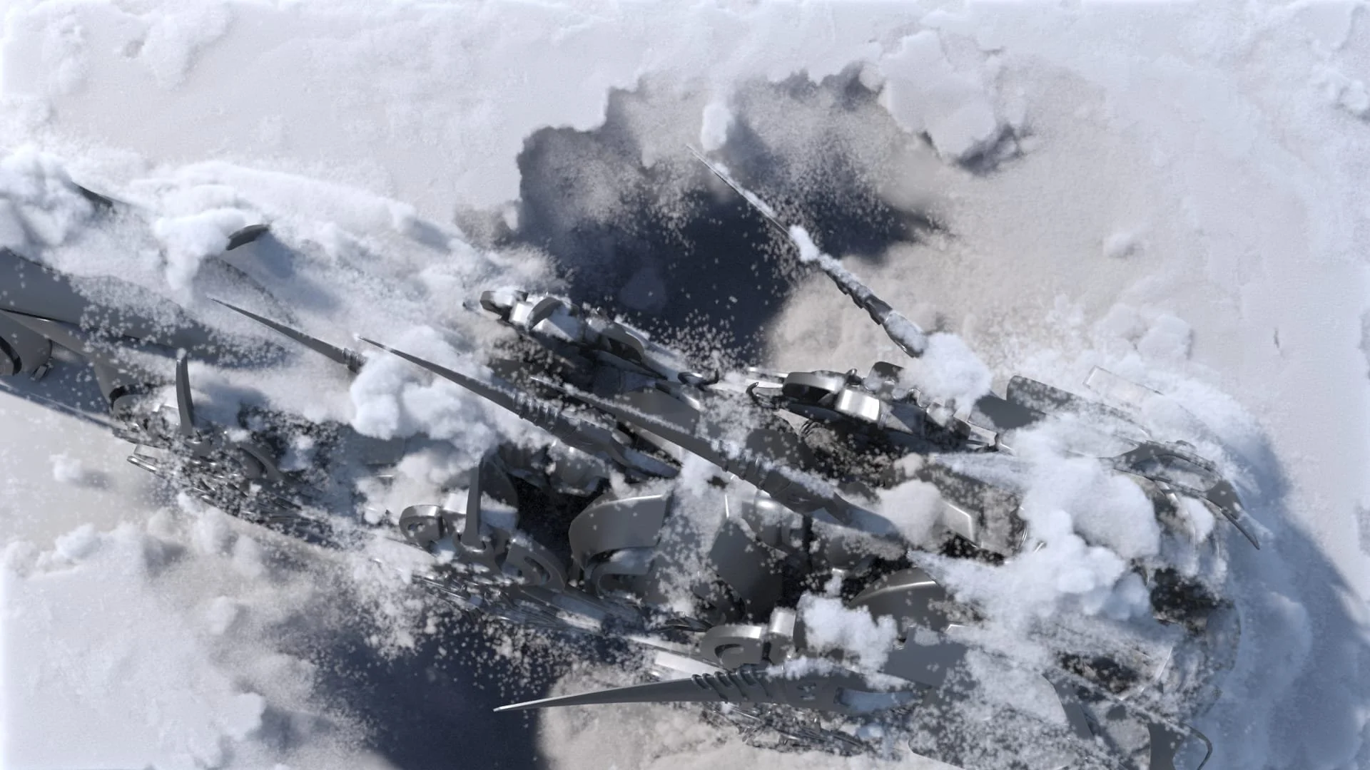 A damaged robot lying in snow with smoke and snow scattered around.