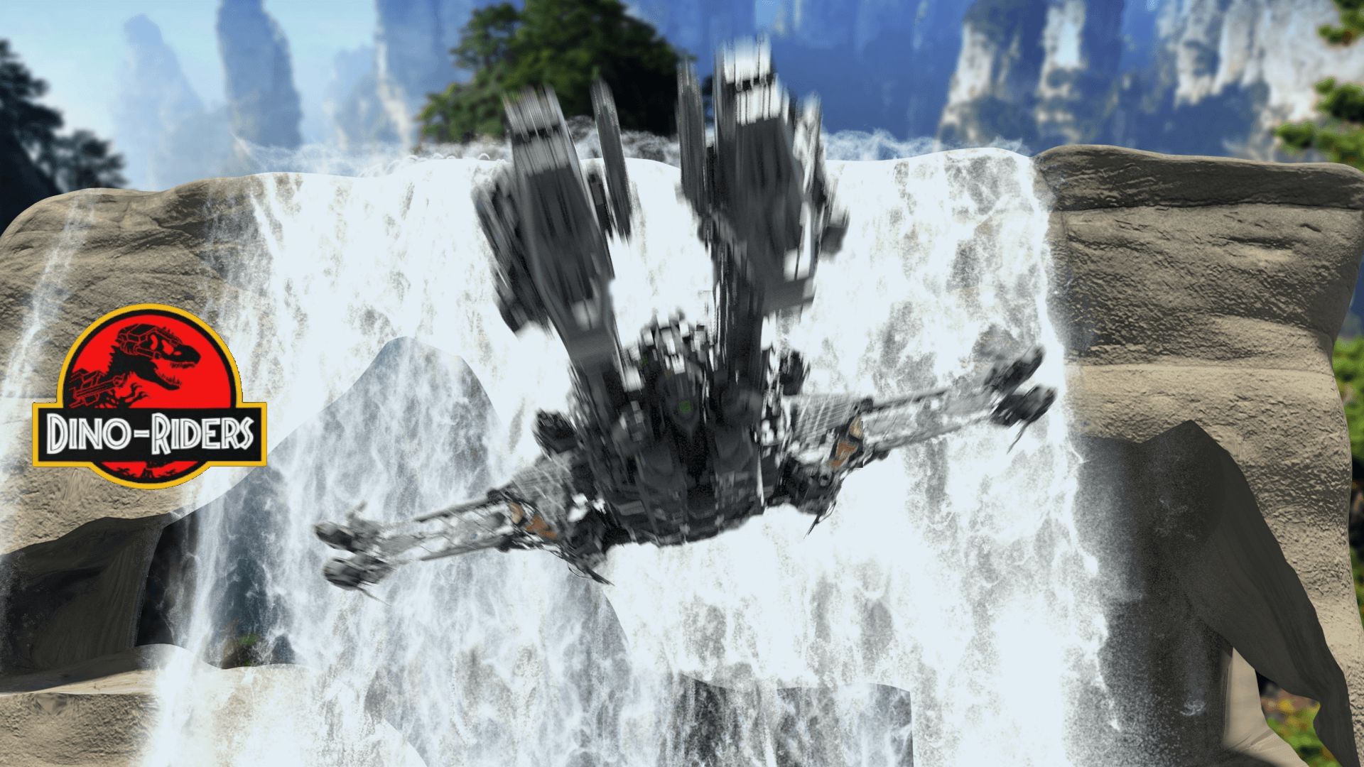 A flying dinosaur robot in front of a waterfall with the 'Dino-Riders' logo on the left side.