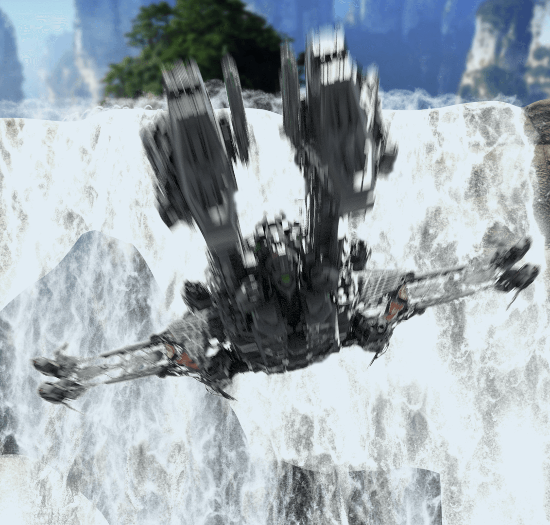 Futuristic aircraft crashed at the edge of a waterfall with lush greenery and mountains in the background.