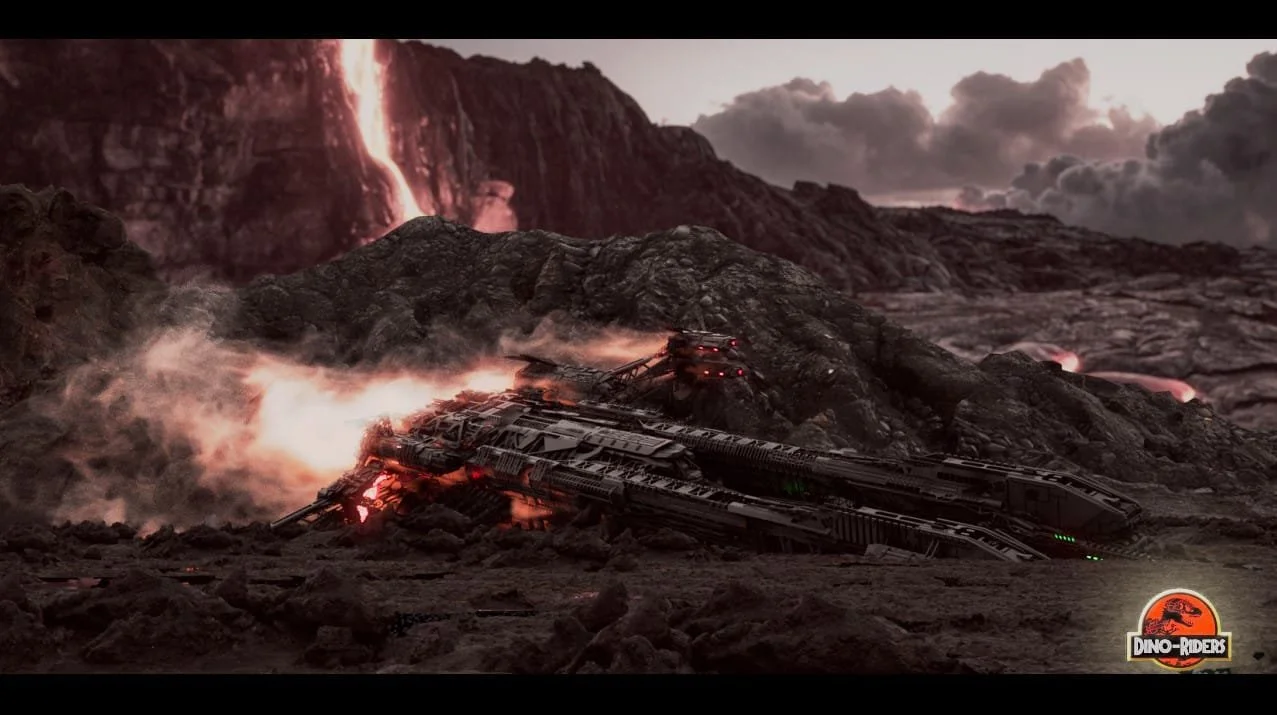 A scene from Jurassic Park featuring a crashed spaceship in a volcanic landscape with smoke, lava, and rocky terrain, and the Dino-Riders logo in the bottom right corner.