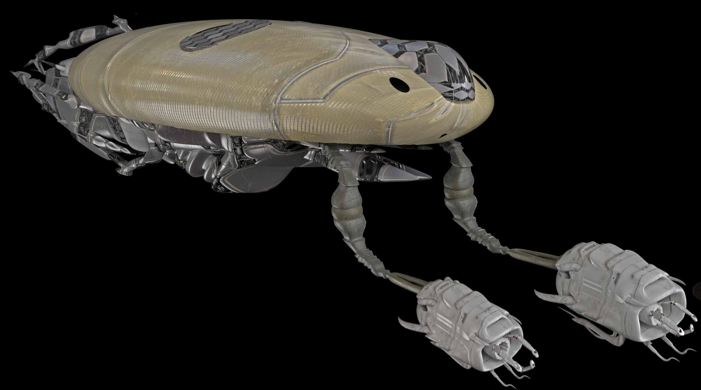 A futuristic robotic insect with a metallic and beige body, four legs, and mechanical features against a black background.