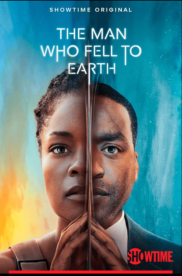 A promotional poster for the Showtime original series 'The Man Who Fell to Earth' featuring half of a woman and half of a man, with their faces merged along the middle and holding a piece of paper or card to their mouths.