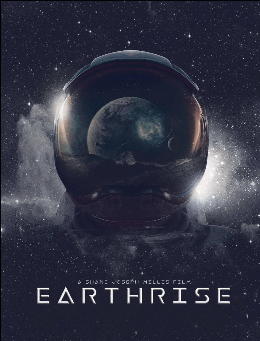 Space-themed movie poster for the film 'Earthrise' featuring an astronaut's helmet reflecting Earth and the moon, set against a starry background.