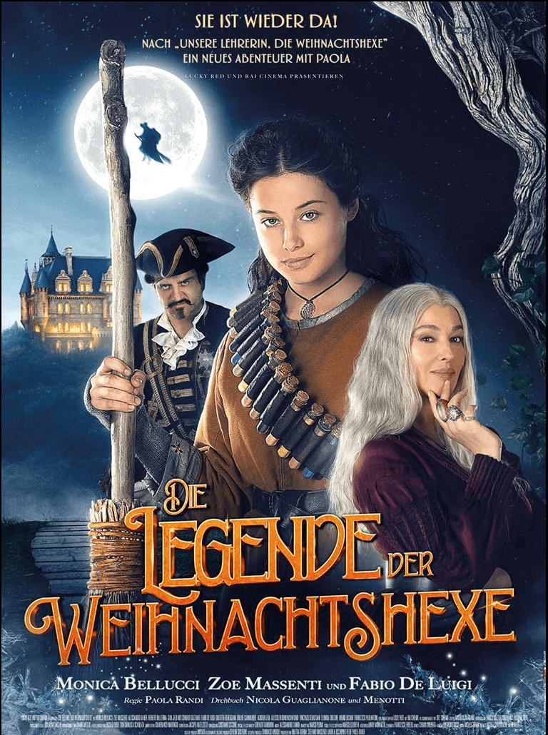 Movie poster for 'The Legend of the Christmas Witch' featuring three women, a man dressed as a pirate, a full moon with a silhouette of a witch, a spooky tree, and a castle in the background.