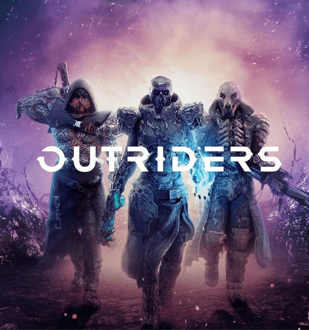 Three characters in futuristic armor and masks walking forward, with a glowing background, and the text 'Outriders' in front.