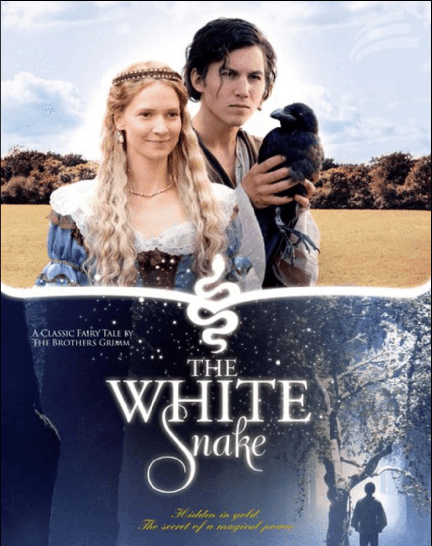 A movie poster for 'The White Snake' featuring a young woman with long blonde hair wearing a crown and a young man with dark hair holding a black snake in an outdoor setting with trees and a path.