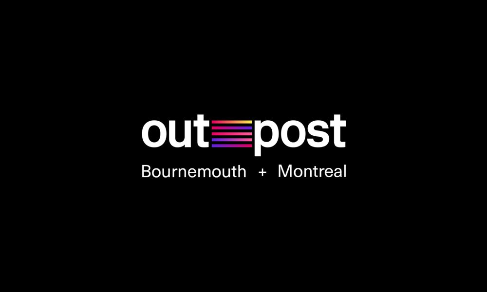 Black background with the white text "out post" and colored lines in the middle of "out". Below, in smaller white text, are the words "Bournemouth" and "Montreal" separated by a plus sign.