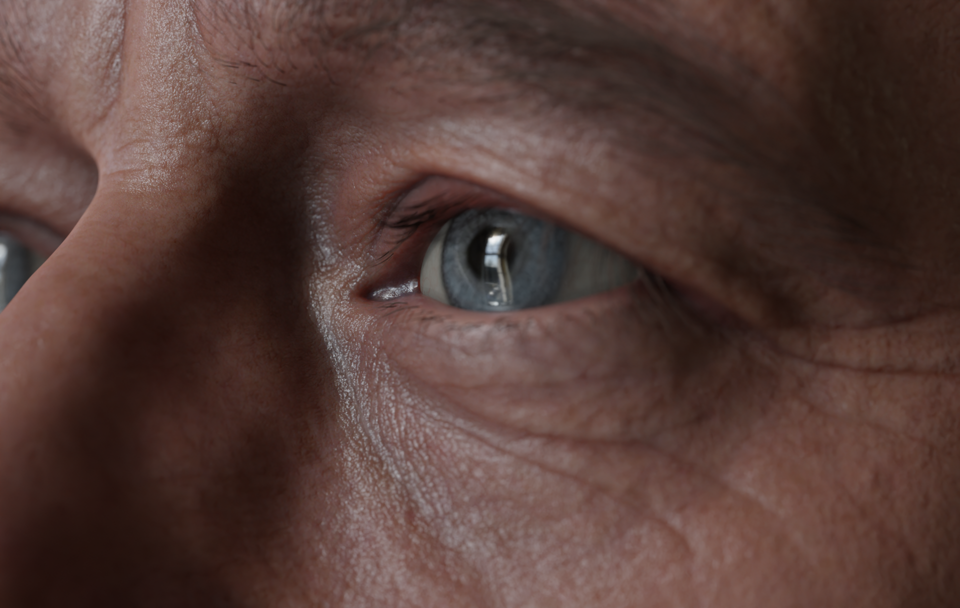 Close-up of a person's eye with light blue iris, showing detailed skin texture and reflections in the eye.