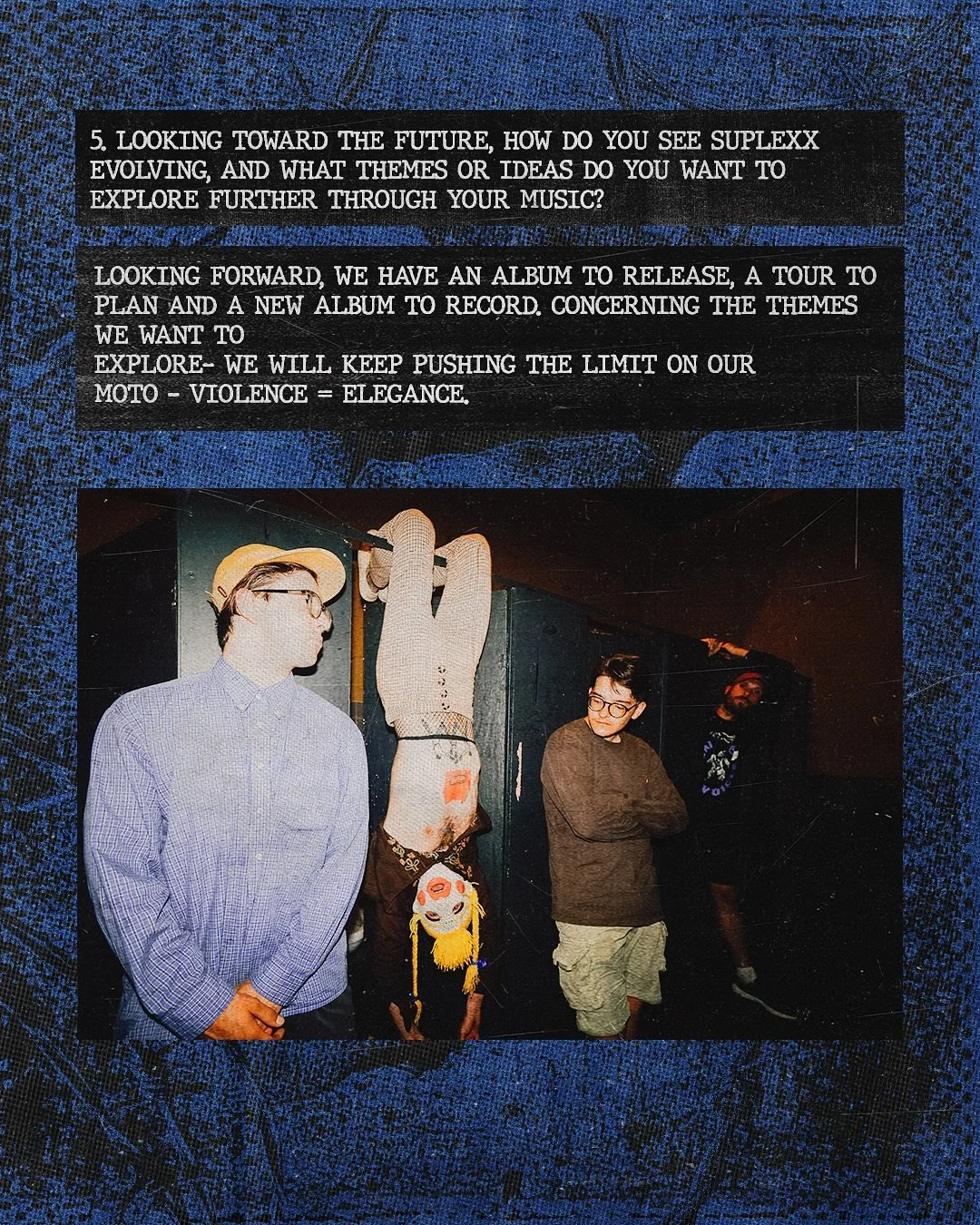 Group of four people standing in a dark room, with one person upside down wearing a mask, and others appearing to be in casual attire, including glasses and a hat.