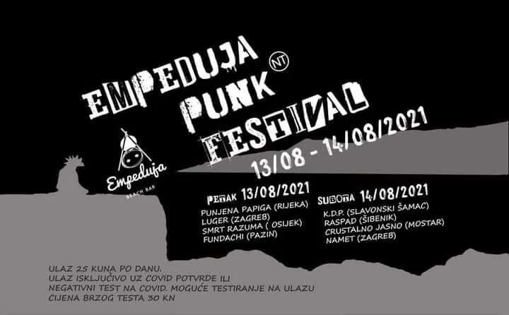 Poster promoting the Empeduja Punk Festival scheduled from August 13 to August 14, 2021, with a dark background, white text, and a small graphic of a punk character with one eye and a crown.