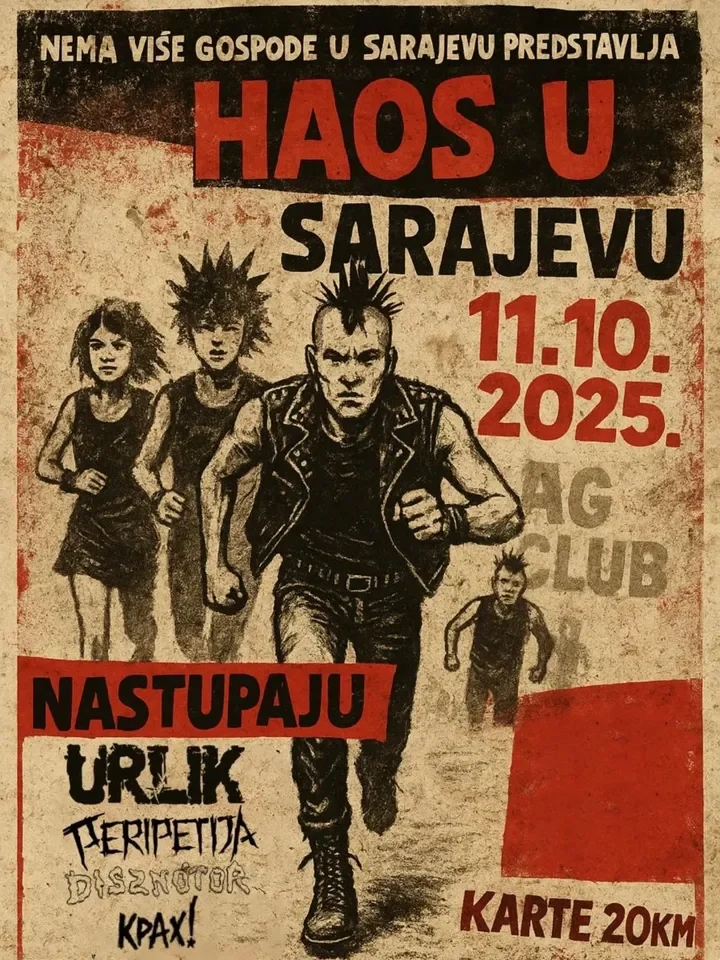 A punk rock concert poster in Sarajevo, featuring a black and white illustration of a band with spiky hair and leather jackets, with event details including date, ticket price, and supporting bands.