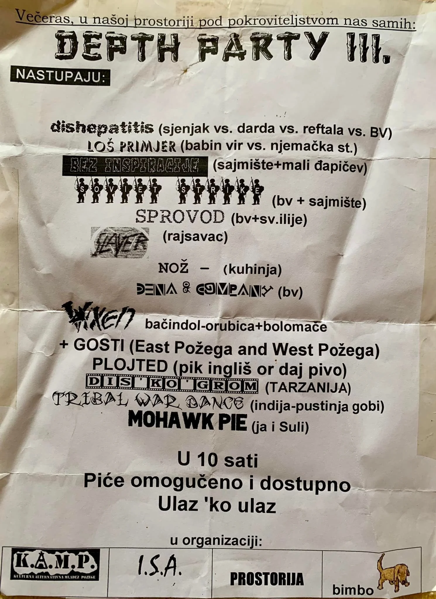 Handwritten flyer in Bosnian/Serbian language advertising a celebration event called 'Death Party III'. The flyer mentions various food, drinks, music, and entertainment options, including a band, DJ, and disco. There are sections about organization,