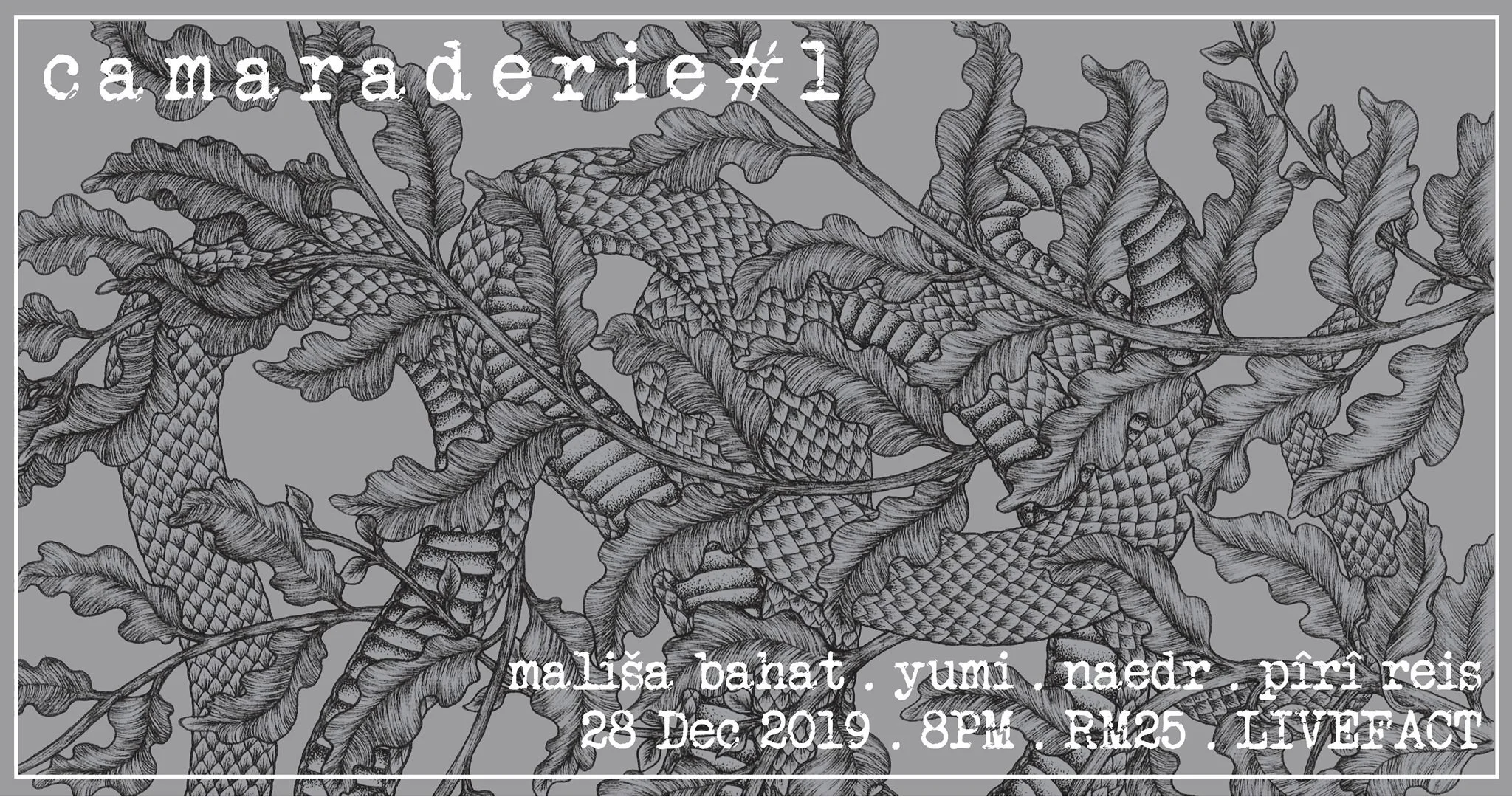 Invitation for a botanical event featuring camargerie, with detailed black and white illustration of leaves in the background and event details overlaid.