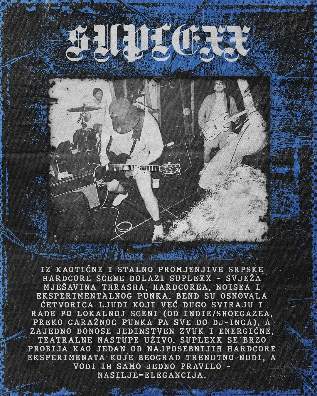 Black and white photo of a live hardcore punk concert with musicians playing guitars and drums, framed by a blue graphic border. The background has a textured, grungy appearance. Suplexx