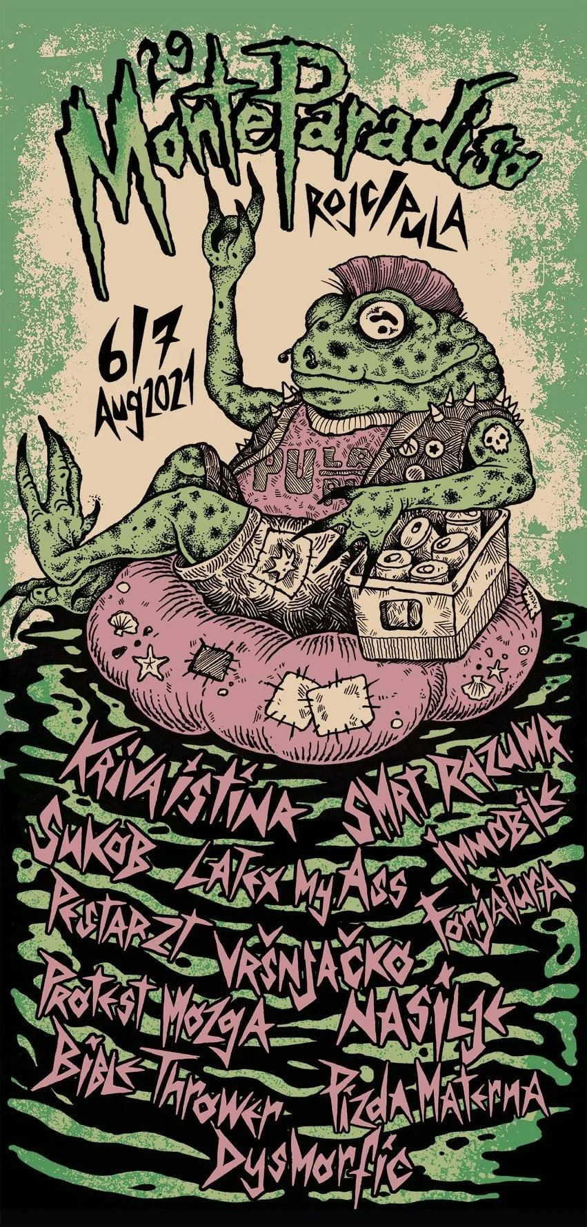 A colorful illustration of a frog sitting with a pink blanket, wearing punk accessories, and playing a keyboard. Text indicates an event called 'Monte Paradiso' on August 6-7, 2021, with lineup of bands and artists.