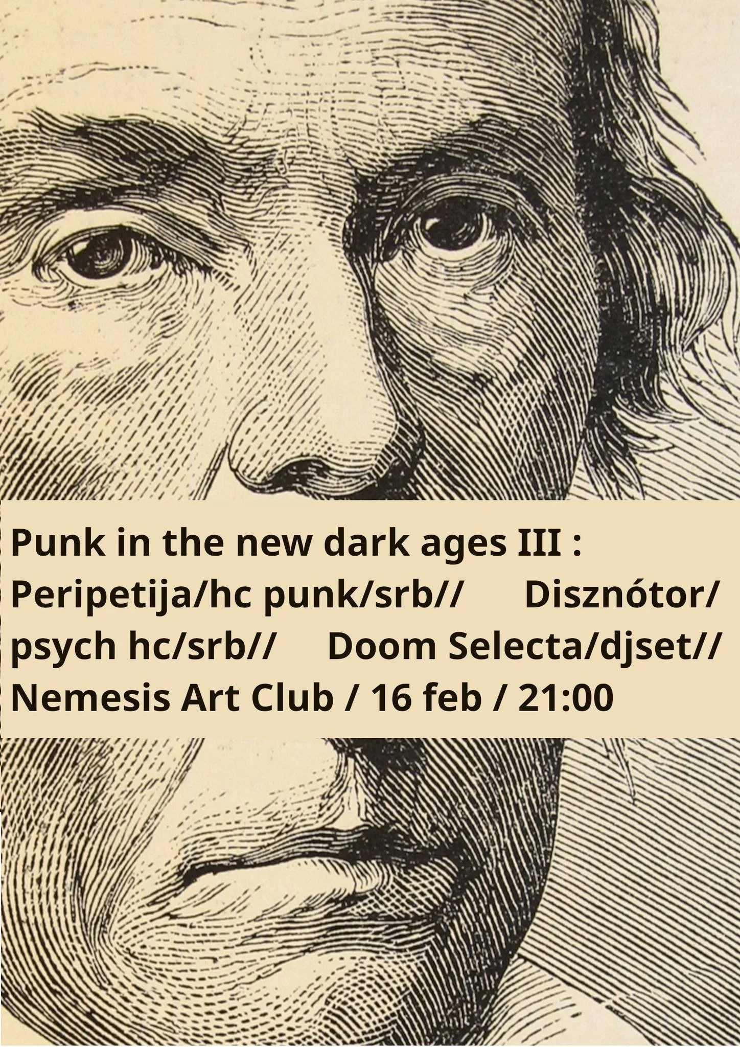 Close-up of a detailed black-and-white drawing of a woman’s face with expressive eyes and textured lines, and a discount or event advertisement overlay with the text about punk music event at Nemesis Art Club on February 16 at 9:00 PM.