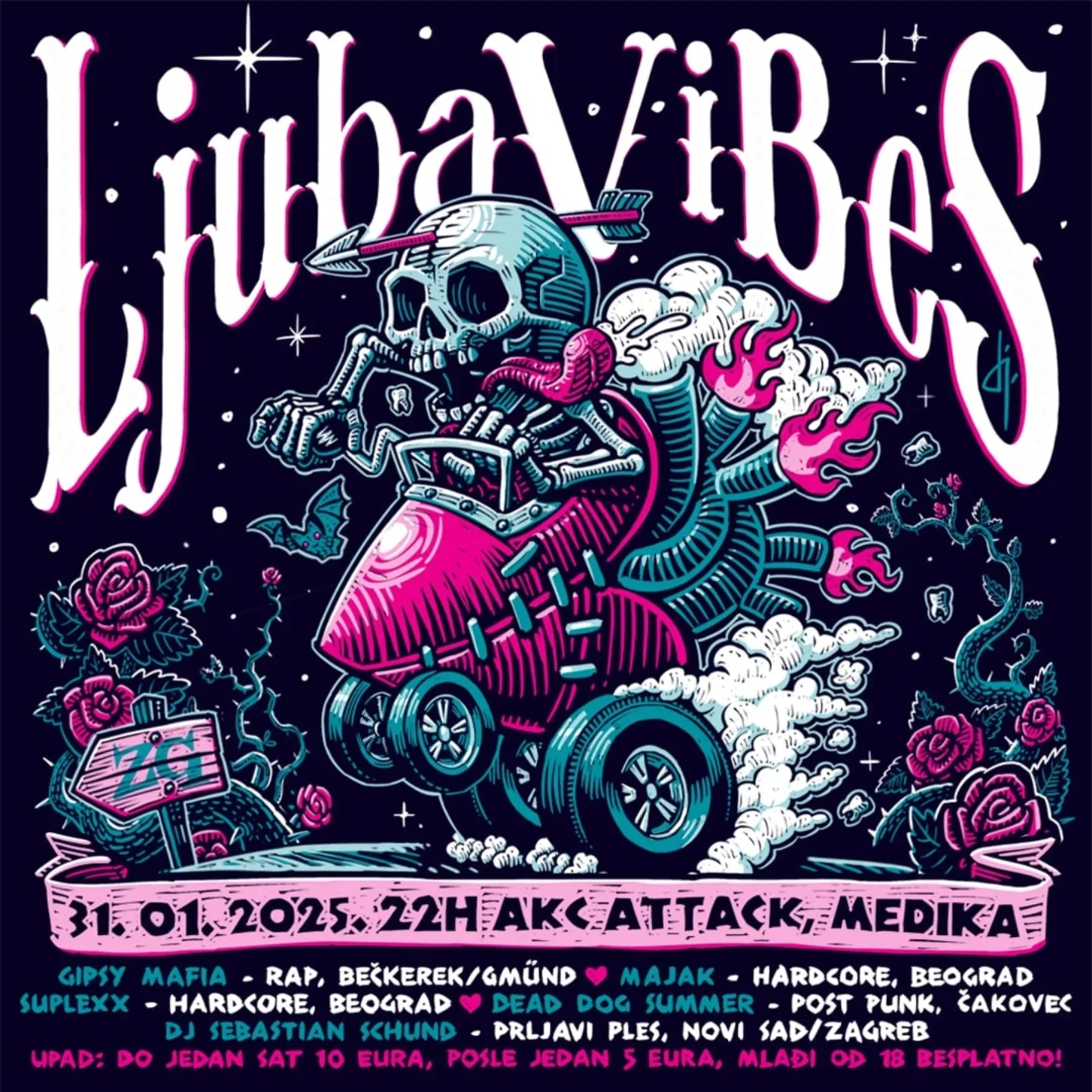 A vibrant, animated-style poster for a horror-themed event titled 'Horror' with a skeleton riding a pink motorbike with smoke and flames, surrounded by roses, bats, and a calendar. The event details include date, time, location, and lineup of bands a