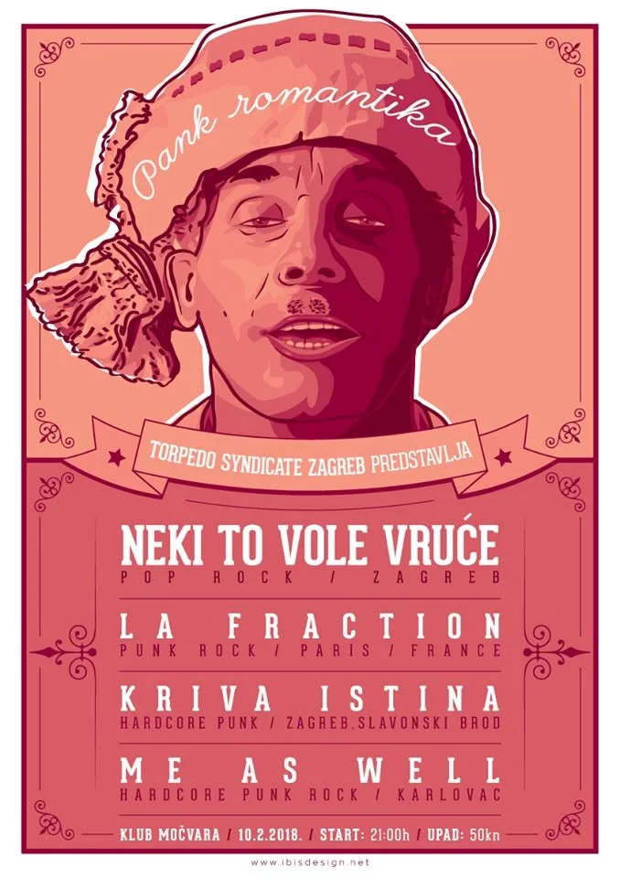 A stylized illustration of a man wearing a headscarf, with text in Croatian promoting a music event. The event features bands like Neki To Vole Vruće, La Fraction, Kriva Istina, and Me As Well, scheduled for October 2, 2018, at Klub Močvara in Zagreb