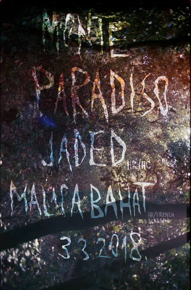 Painting with text read in a forest setting, saying 'MONTE PARADISO, JADED, MALISA BAHAT"