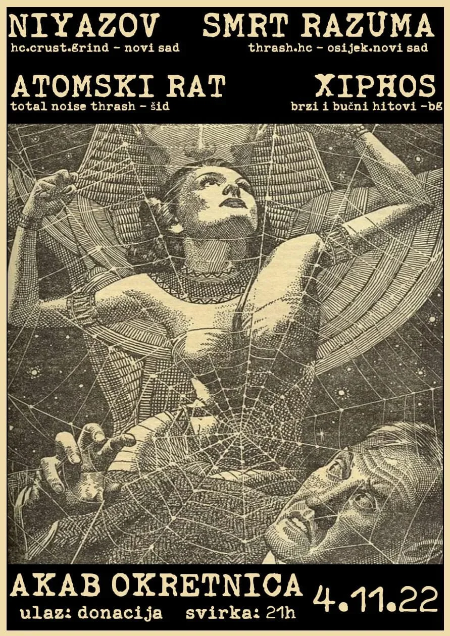 A vintage collage poster featuring a girl with an astronaut helmet, surrounded by cosmic background and skulls with web patterns. The poster has text in Serbian advertising a music event with bands and details about the date, location, and entry.
