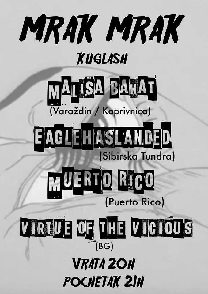 Promotional poster for a music event featuring bands, including Malisa Bahat, Eagle Has Landed, Muerto Rico, and Virtue of the Vicious, scheduled for Friday at 9 PM and Saturday at 9 PM.