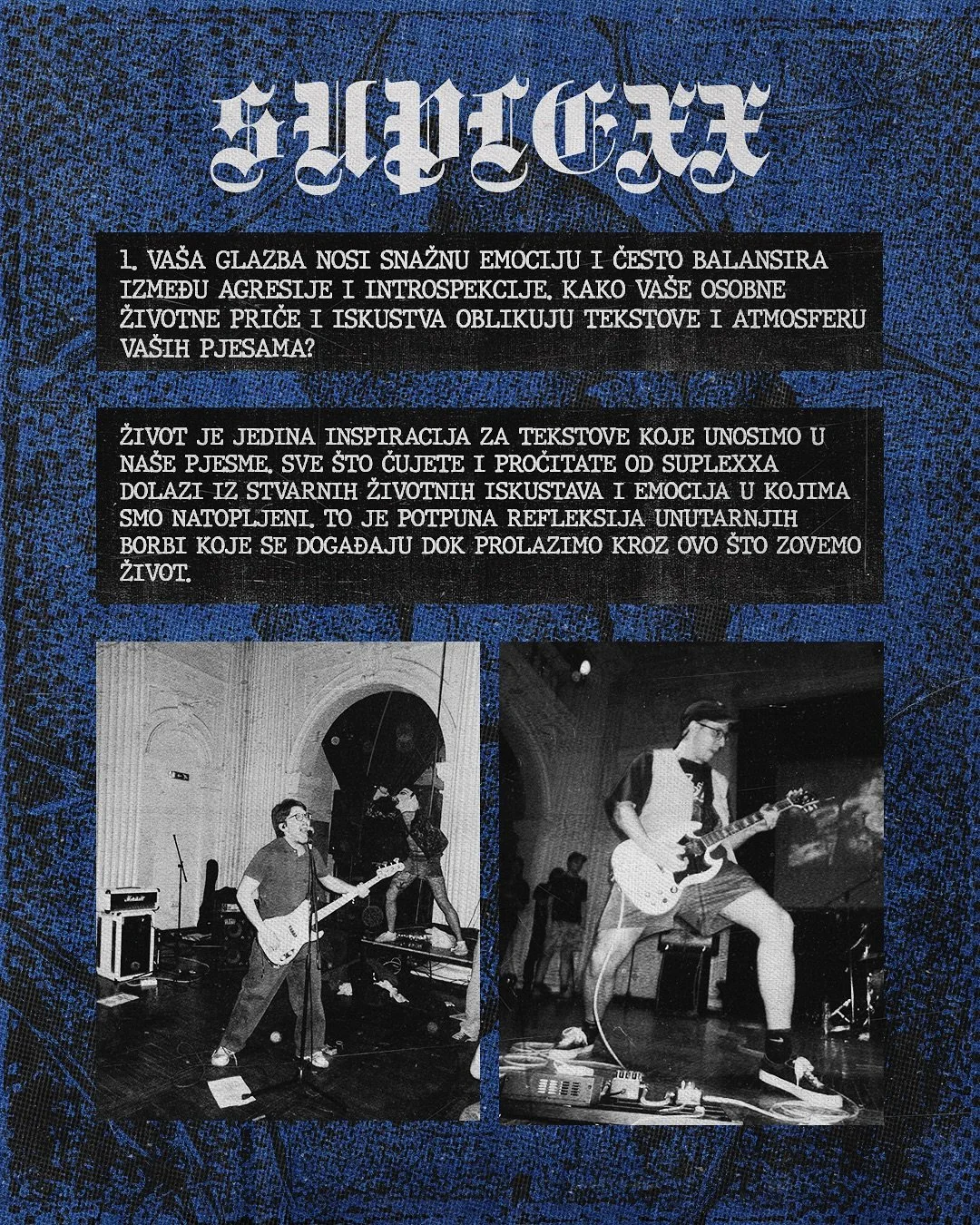 A poster features black and white photos of musicians performing on stage, with a blue graffiti-style background and text in Serbian discussing emotional expression in music. Suplexx