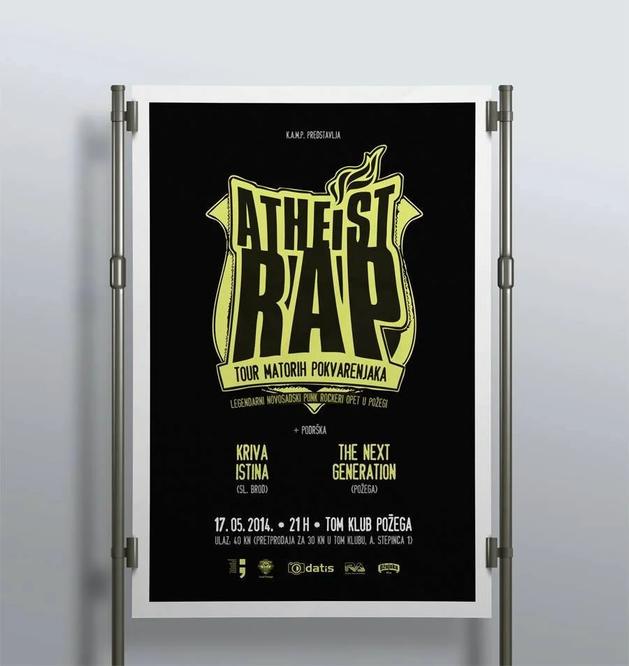 Poster advertising the Atheist Rap tour in Požega on May 17, 2014, featuring Kriva Istina and The Next Generation bands at Tom Club, with ticket information and sponsor logos.