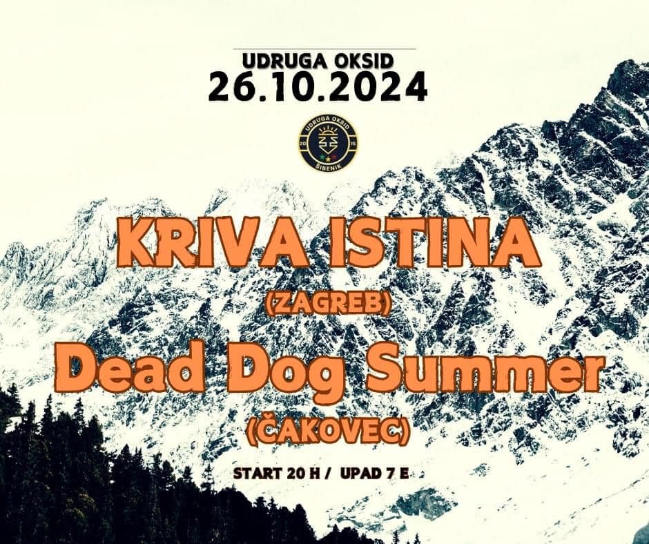 Event poster with mountain background, announces a dog summer event in Zagreb on October 26, 2024, with details about start time and entry fee.