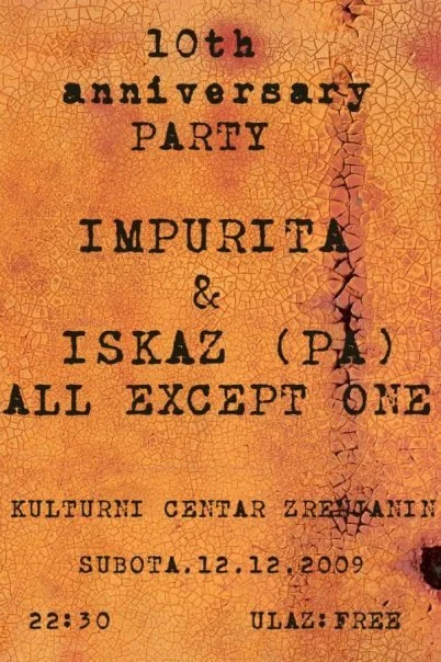 Invitation to a 10th anniversary party for Impurita and Iskaz (PA), held at Kulturni Centar Zrenjanin on December 12, 2009, at 10:30 PM, with free entry.