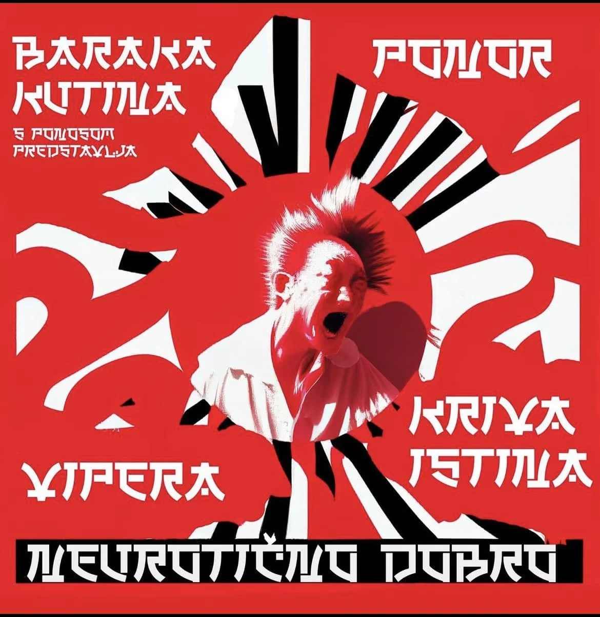 A protest poster in red, white, and black with a central image of a woman shouting passionately. The poster contains stylized, distorted text and graphic elements alluding to revolutionary themes.