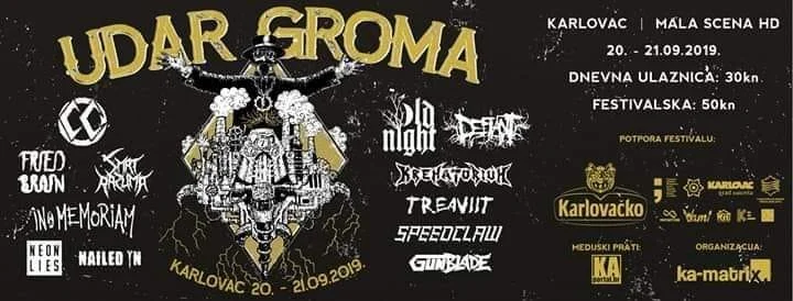 Event poster for Udar Groma metal music festival held in Karlovac from September 20 to 21, 2019, with ticket prices of 30 kuna for daily and 50 kuna for the festival. The poster has a black background with yellow and white text and logos.