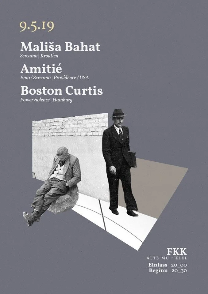 Event poster with gray background, featuring photos of two men, one sitting and one standing, dressed in vintage suits. Text includes date 9.5.19, names Mališa Bahat, Amitié, Boston Curtis, and details about the event at FKK Alte Mu - Kiel, with entr