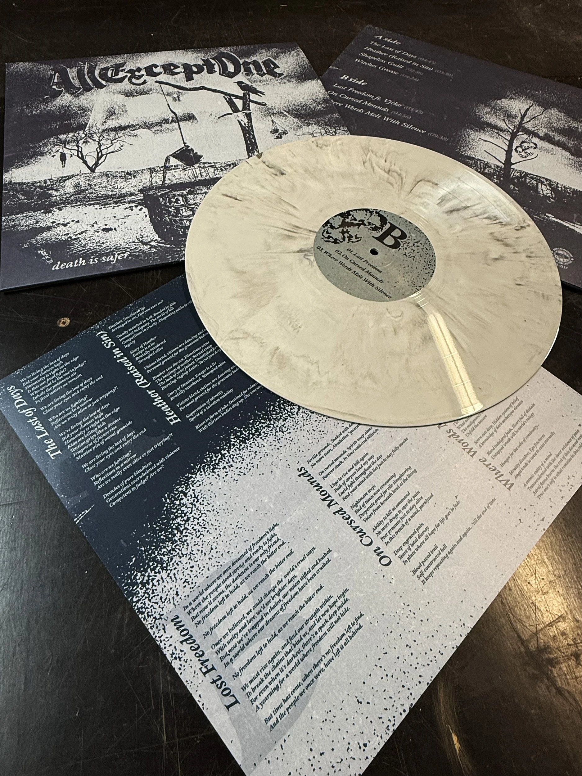 A vinyl record, album cover, and lyric sheet of "death is safer than this..." by All Except One, with a black and white graphic of trees and a swing on the album cover, placed on a dark wooden surface.