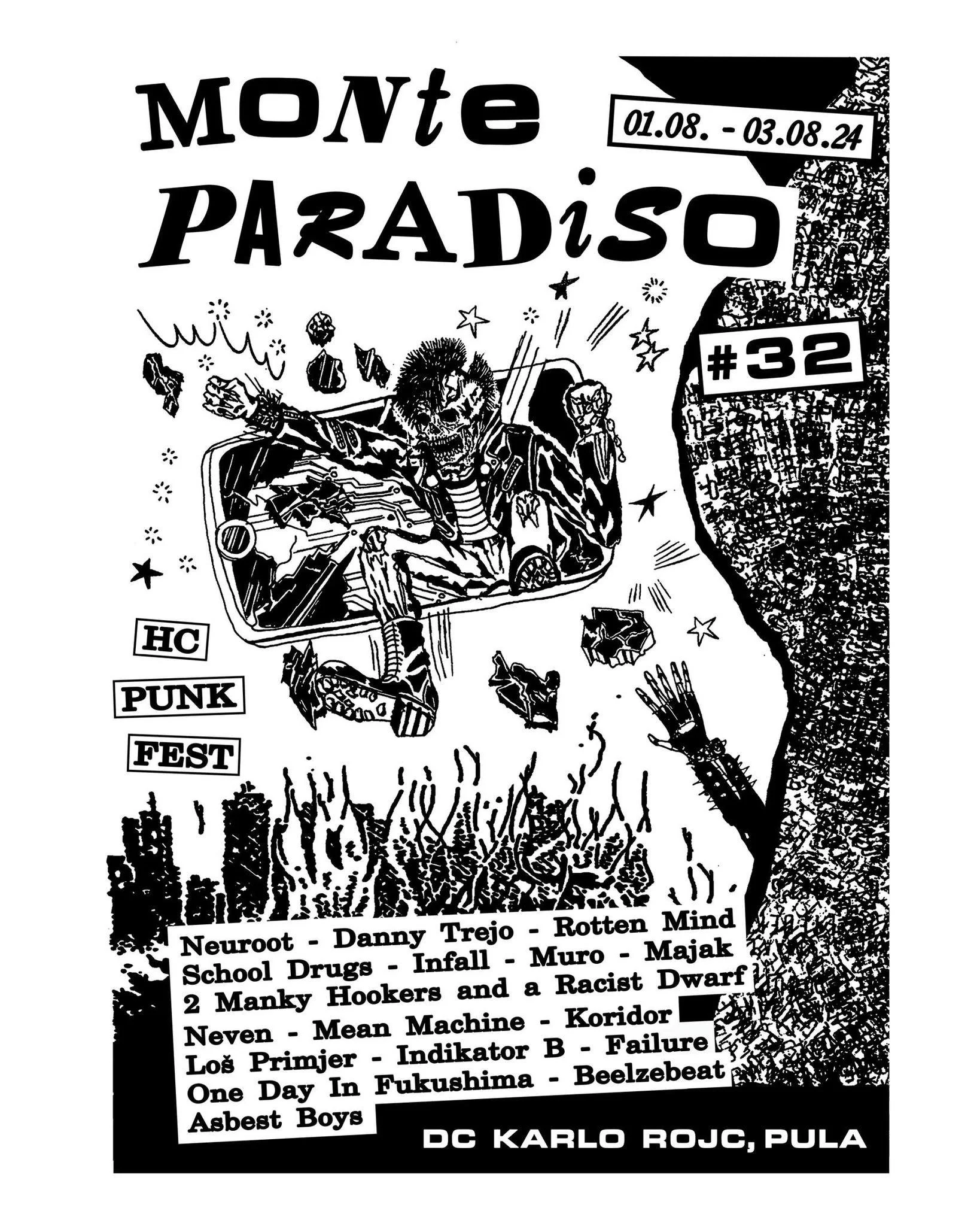 A poster promoting the Monte Paradiso event taking place from August 1 to August 3, 2024, featuring a list of punk bands such as Neuroot, Danny Trejo, Rotten Mind, School Drugs, Infall, Muro, Majak, 2 Manky Hookers, a Racist Dwarf, Neven, Mean Machin