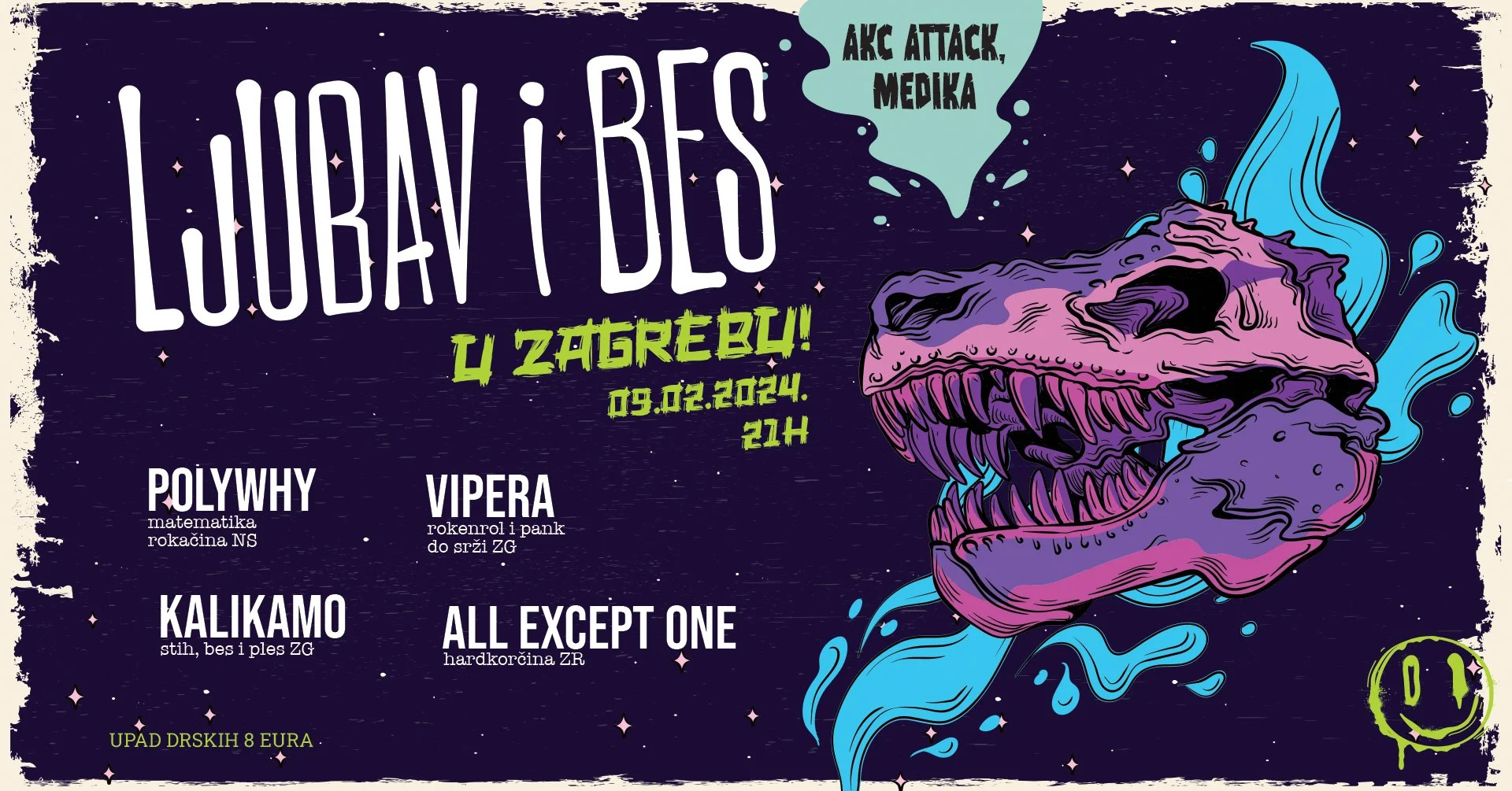 A colorful digital poster for a music event featuring a purple dinosaur head with sharp teeth, surrounded by blue liquid-like splashes, on a dark starry background. It includes event details and band names in white and green text.
