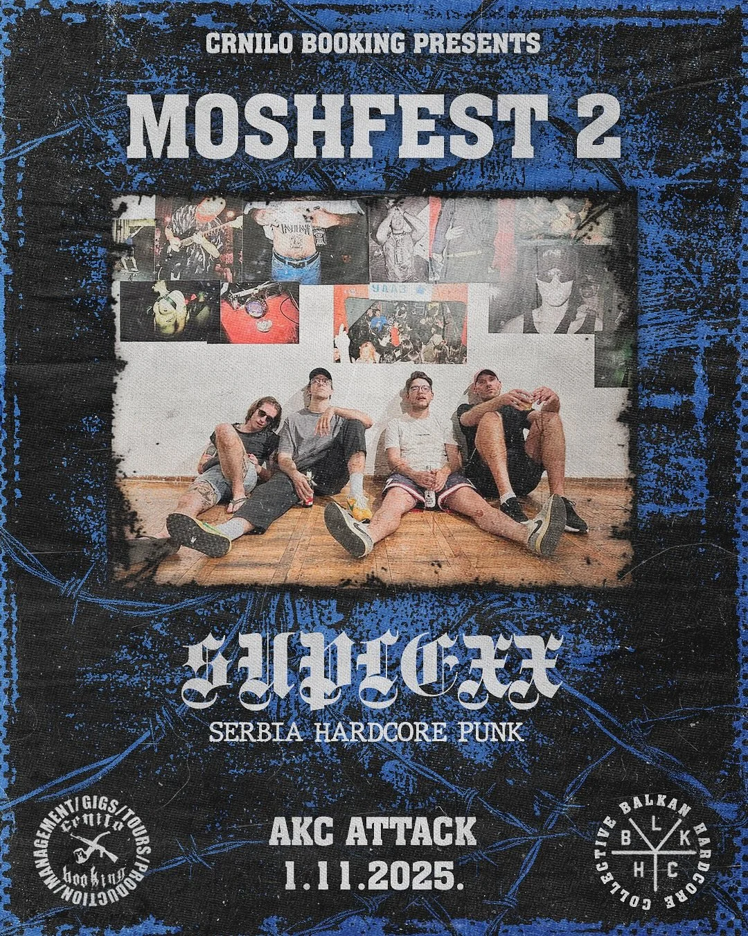 A poster for MoshFest 2, a Serbian hardcore punk event, with a group of five people sitting on a wooden floor in front of a white wall with photos. The poster has a black and blue background with white and gray text.